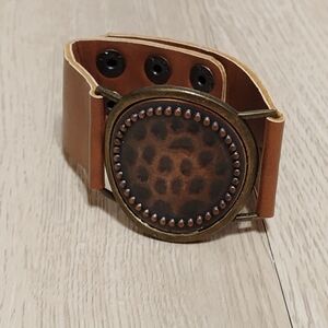 Brown Leather Cuff Bracelet with Leopard Print